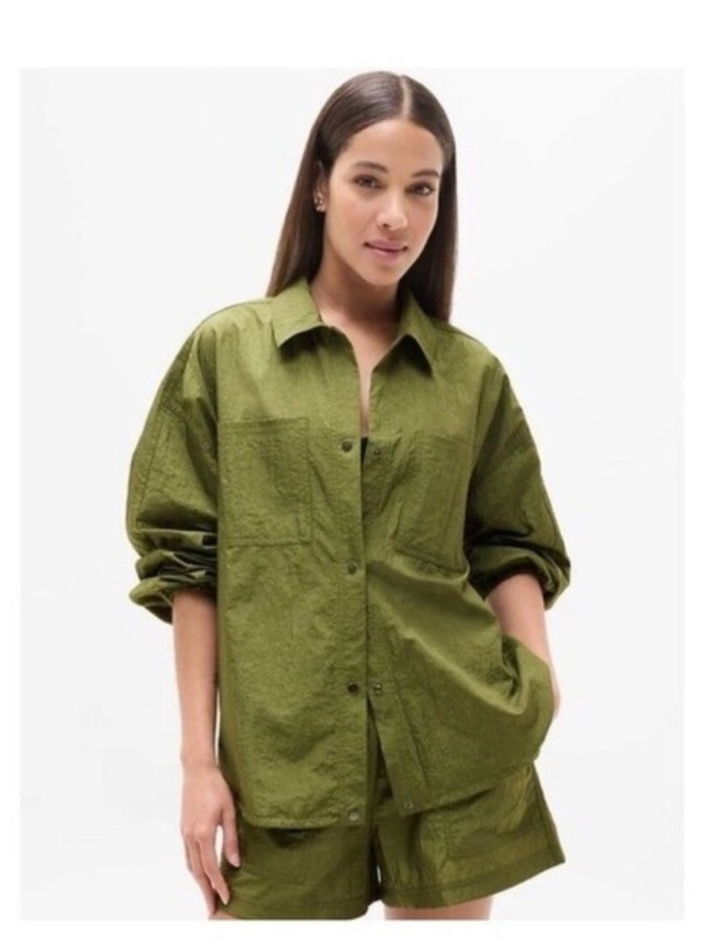 Athleta women's lightweight lunar sheen shirt jacket color olive green size L